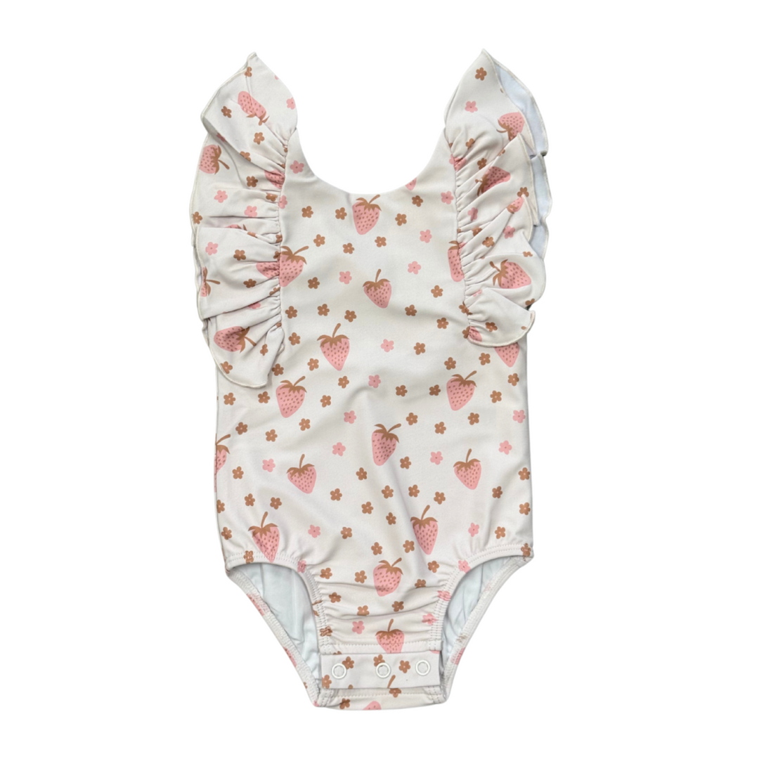 Baby Girls Ruffle Sleeve Cross Back Swimsuit | Strawberries