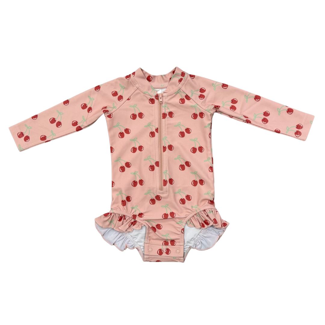 Girls One-Piece Ruffle Rash Guard Swimsuit | Cherries