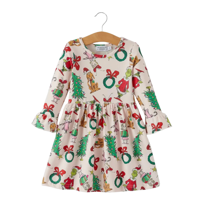 Girls Grinch Character Dress with Bell Sleeves