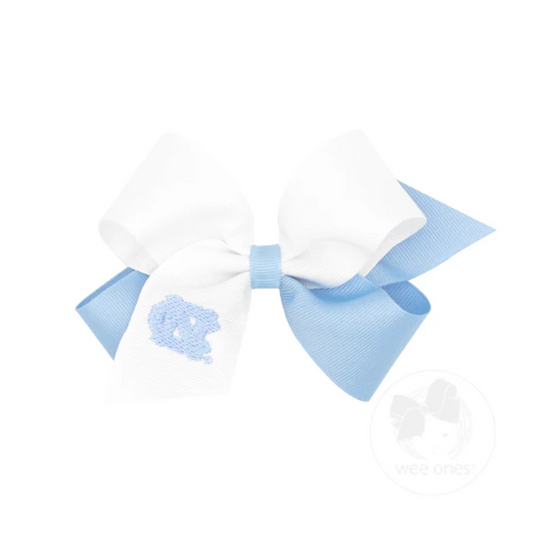 White and Blue UNC Tarheel Collegiate Embroidered Medium Hair Bow