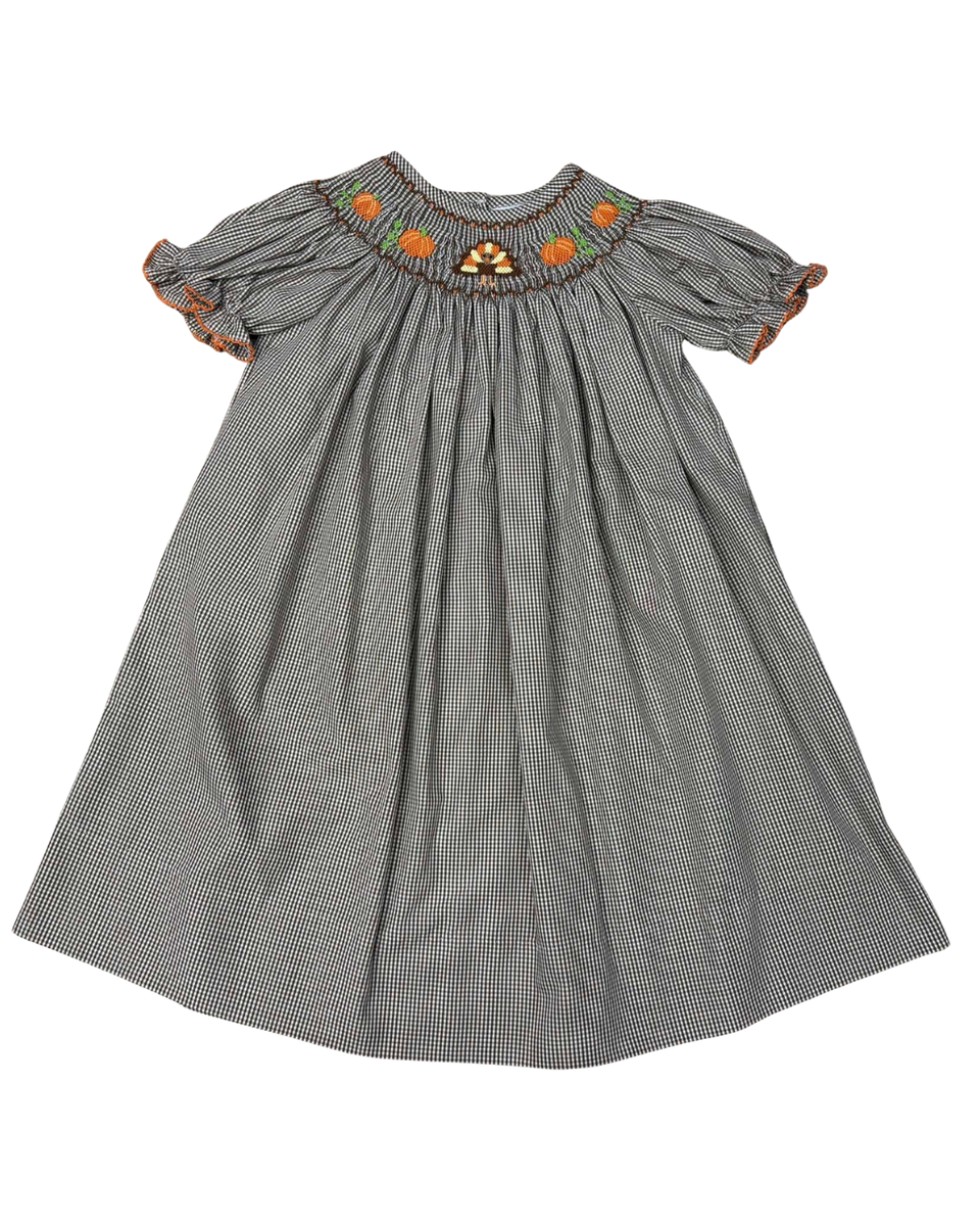 Brown Check Smocked Turkey & Pumpkin Bishop Dress