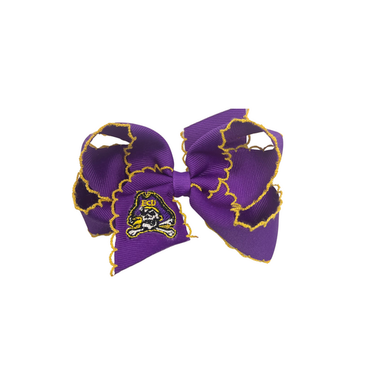 ECU Pirate Embroidered Purple with Yellow Moonstitch Medium Hair Bow