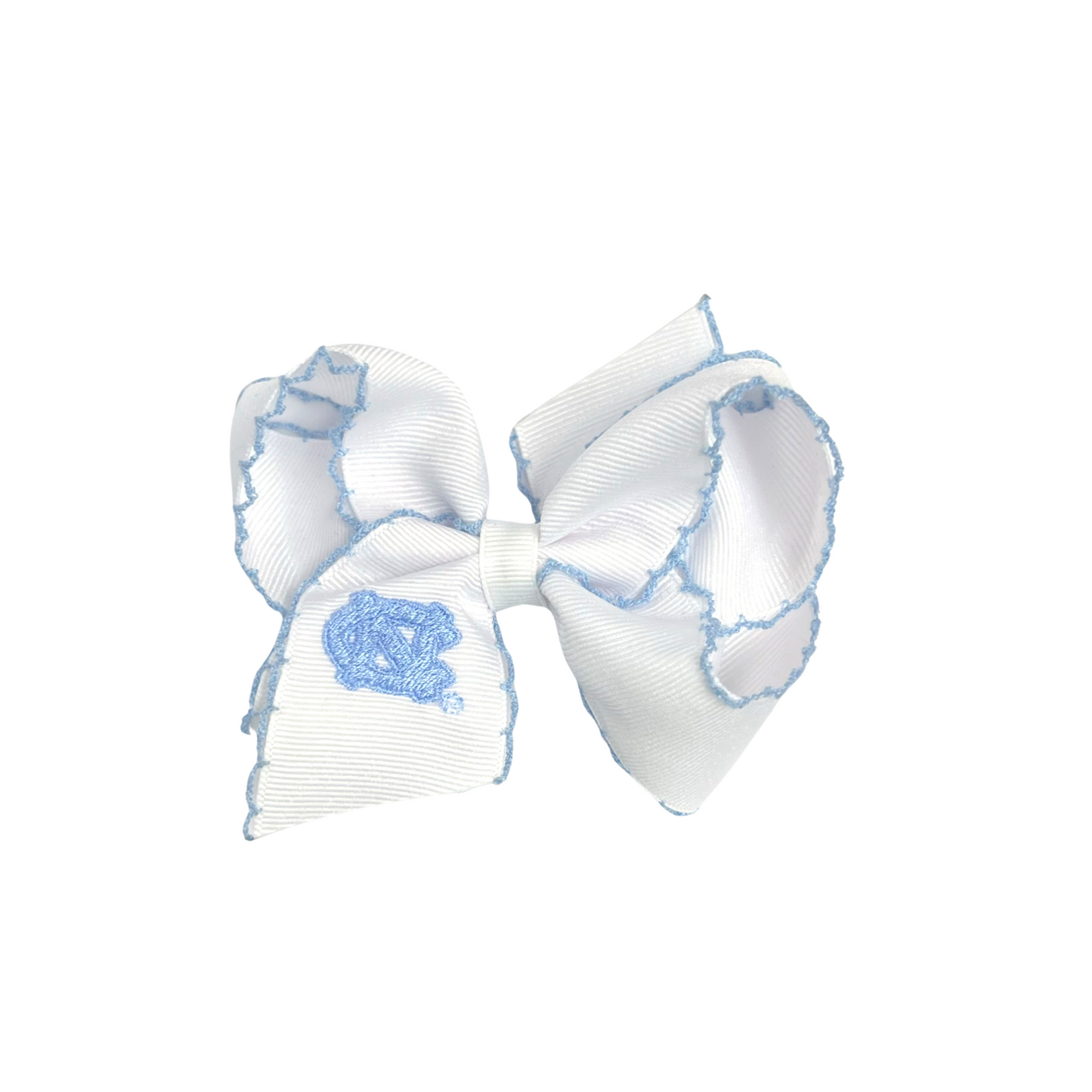 White Grosgrain UNC Tarheel Embroidered Blue Collegiate Moonstitch Medium Hair Bow