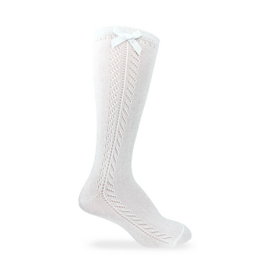 White Pointelle Bow Knee High Socks