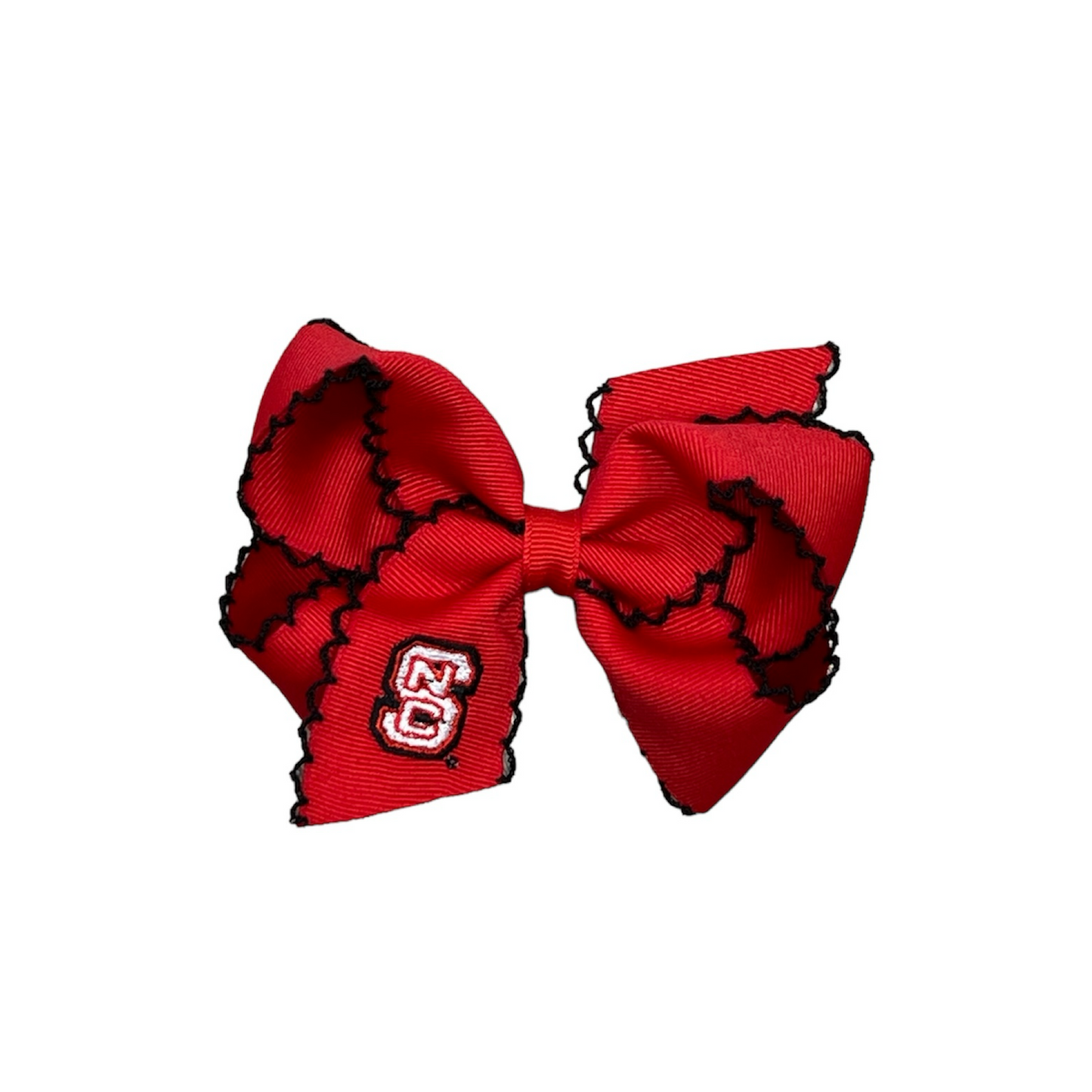 NC State Collegiate Embroidered Red with Black Moonstitch Medium Hair Bow