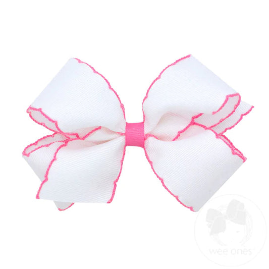 White with Grosgrain and Hot Pink Moonstitch Medium Hair Bow