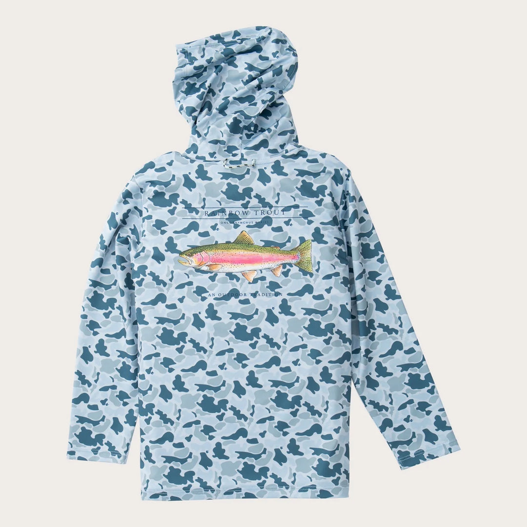 Boys Pro Performance Hoodie T-shirt | Coastal Blues Camo with Rainbow Trout Art