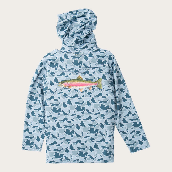Boys Pro Performance Hoodie T-shirt | Coastal Blues Camo with Rainbow Trout Art