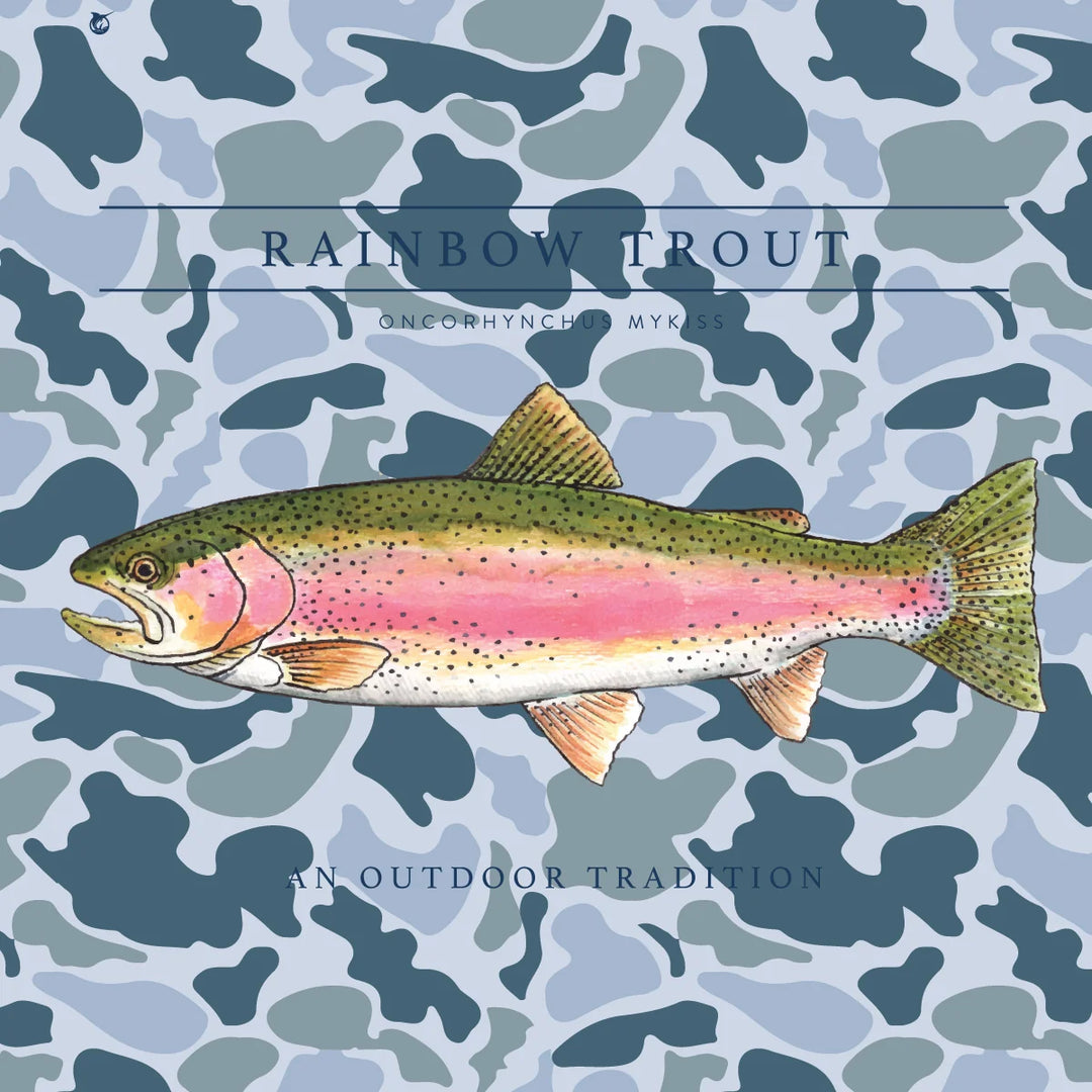 Boys Pro Performance Hoodie T-shirt | Coastal Blues Camo with Rainbow Trout Art