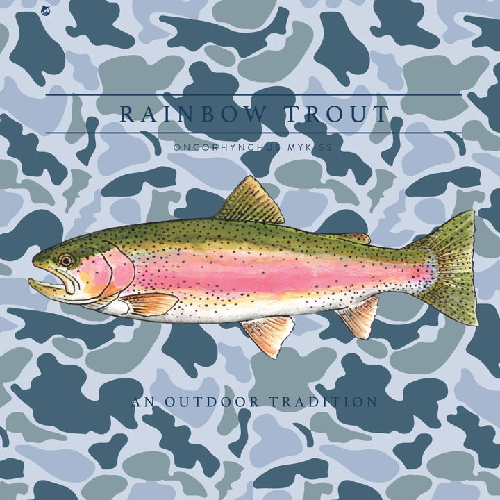 Boys Pro Performance Hoodie T-shirt | Coastal Blues Camo with Rainbow Trout Art