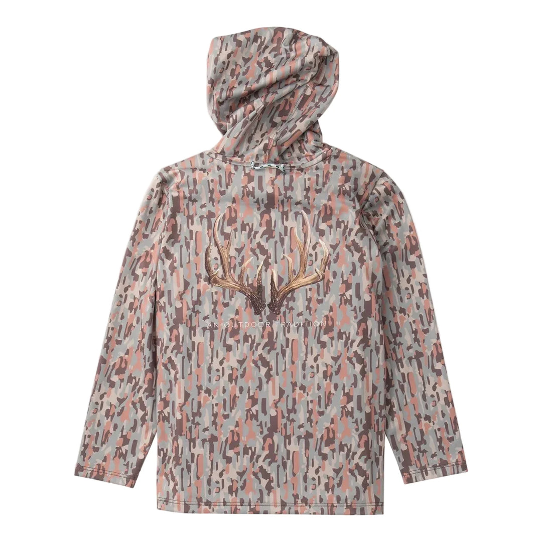 Boys Pro Performance Hoodie T-shirt | Neutral Camo with Deer Antlers