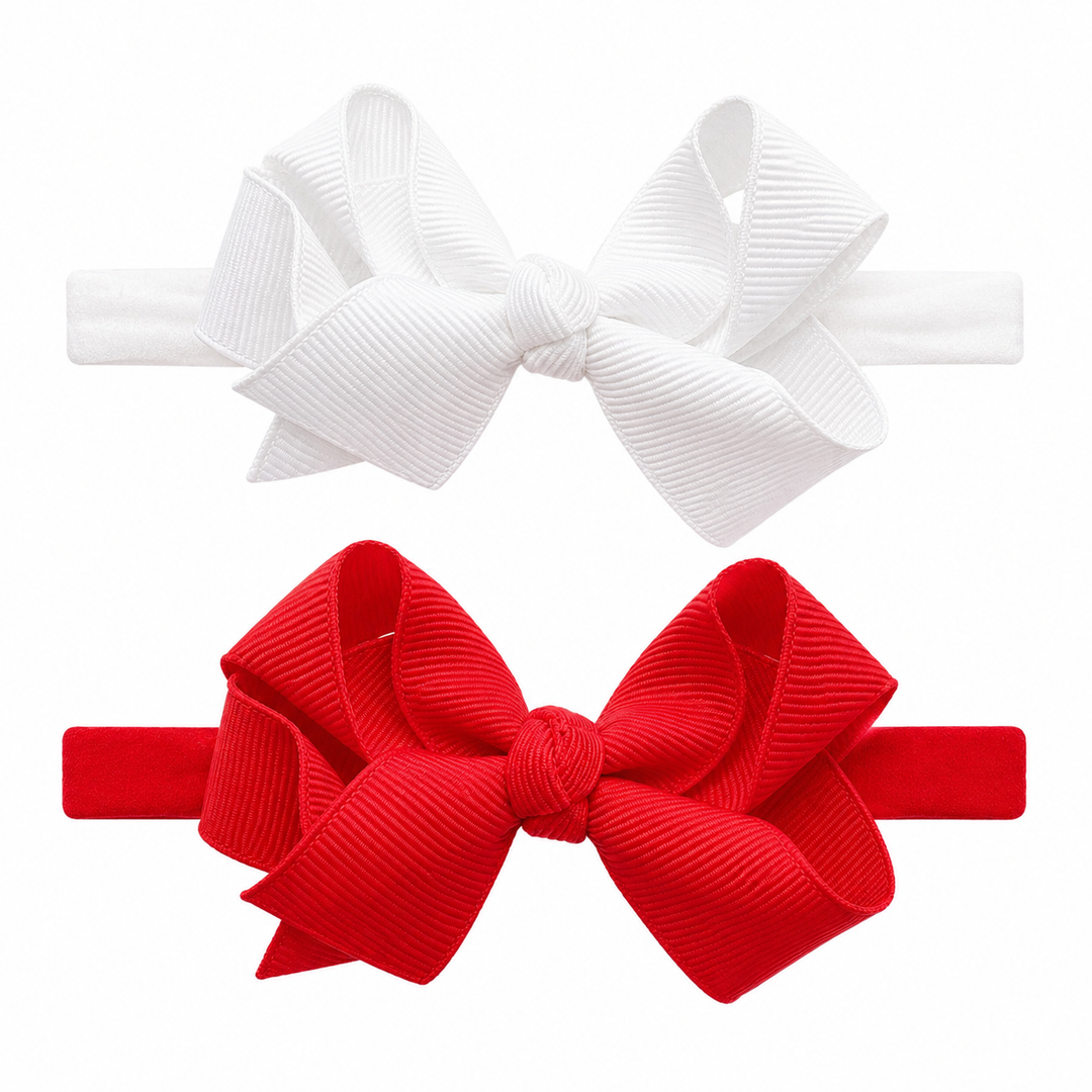 Two Mini Grosgrain Hair bows with Knot Wrap on Matching skinny Nylon Bands | White and Red