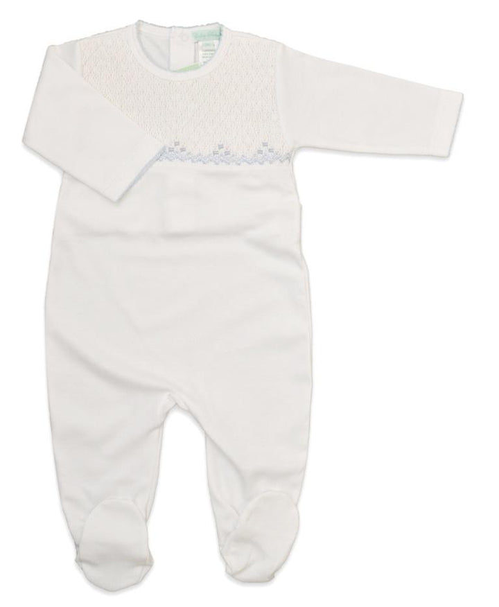 White and Blue Boys Hand Smocked Footie