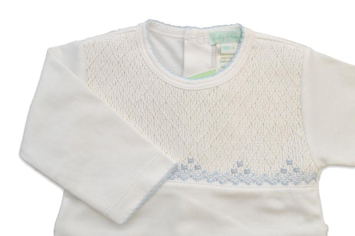 White and Blue Boys Hand Smocked Footie