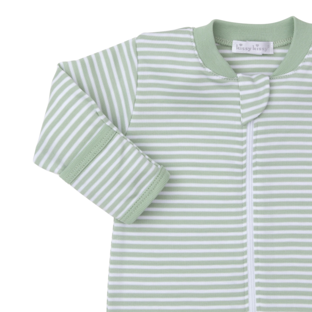 Green and White Striped Neutral Zipped Footie: 6-9M, 9M