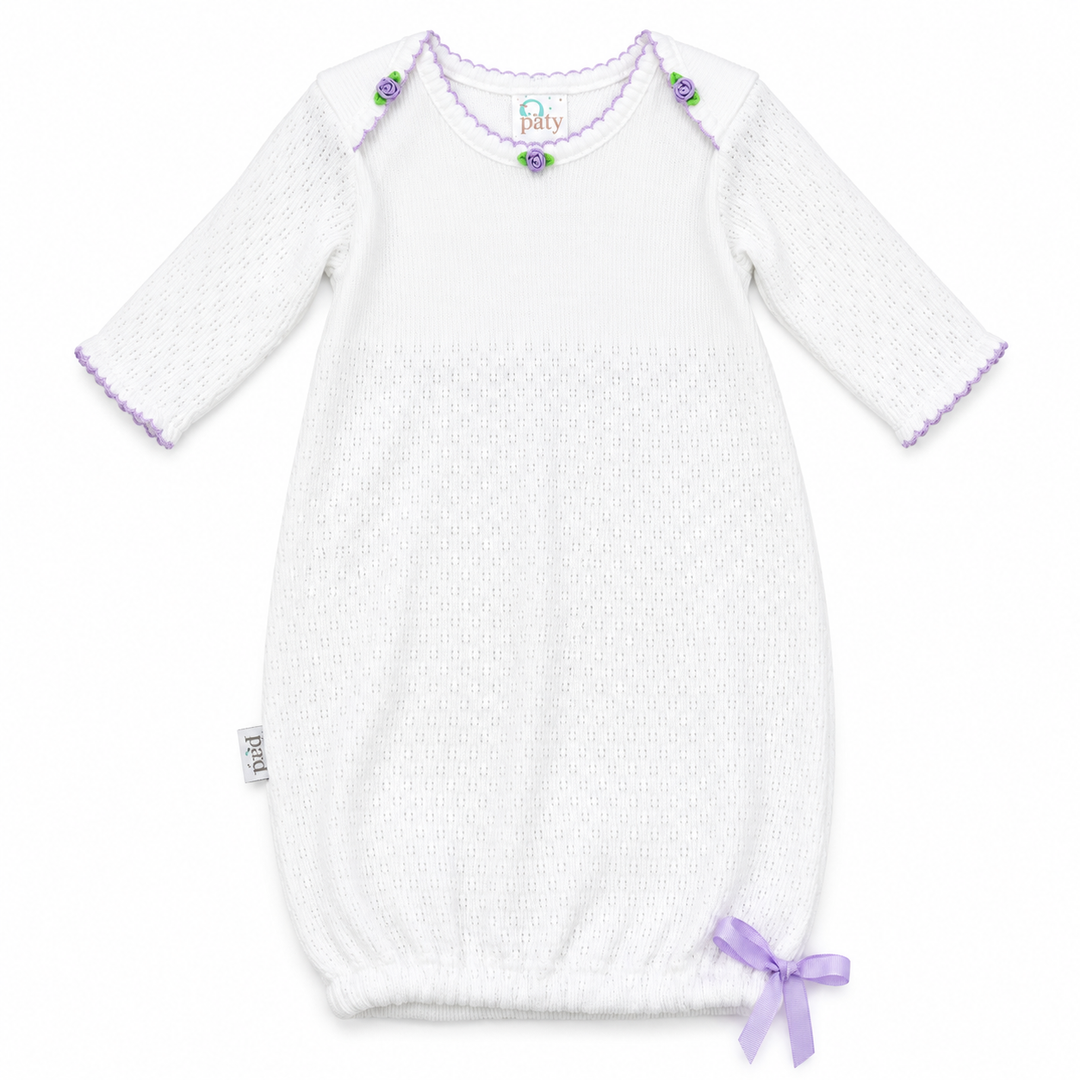 Preemie Knit Overlap Shoulder Gown w/ Rosettes | Lavender