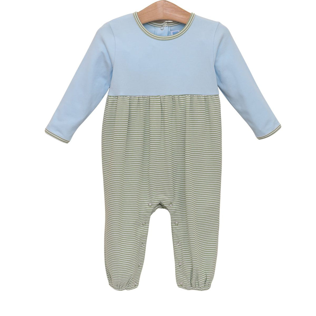 Preston Romper - Green Stripe/Lt. Blue