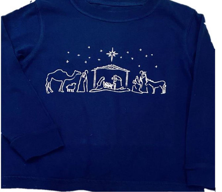 Nativity Long Sleeve Graphic T-Shirt (Navy w/ Light Blue Ink)