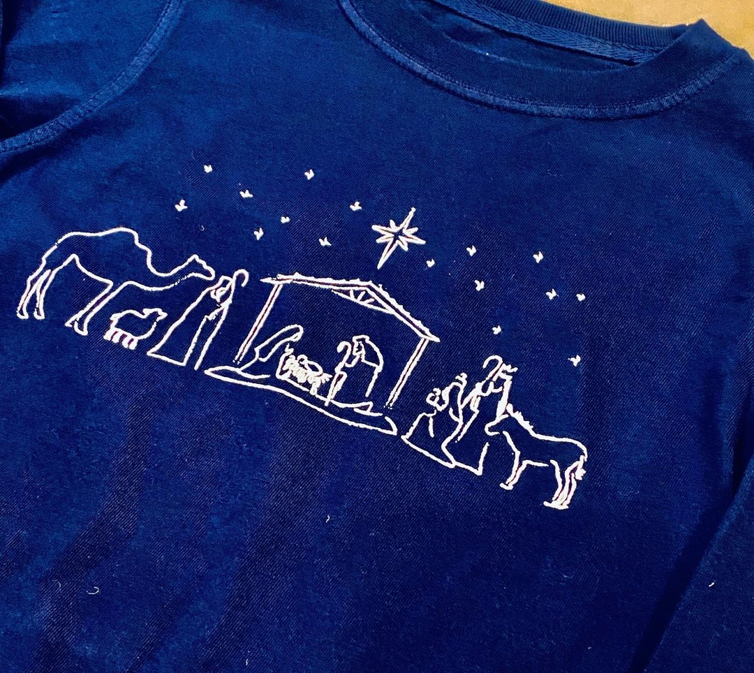 Nativity Long Sleeve Graphic T-Shirt (Navy w/ Light Blue Ink)