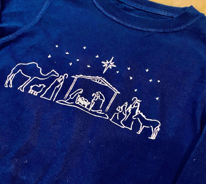 Nativity Long Sleeve Graphic T-Shirt (Navy w/ Light Blue Ink)