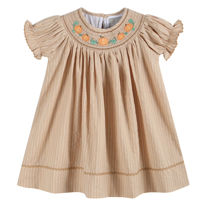 Light Brown Pinstripe Pumpkin Smocked Bishop Dress: 4T