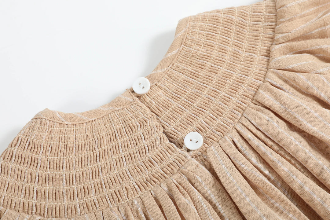 Light Brown Pinstripe Pumpkin Smocked Bishop Dress: 4T