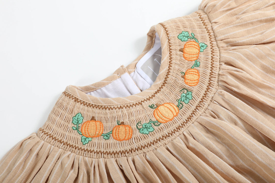 Light Brown Pinstripe Pumpkin Smocked Bishop Dress: 4T