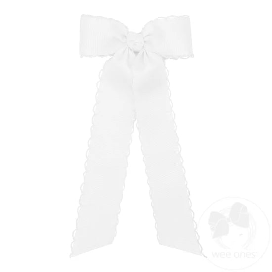 Medium Grosgrain Bowtie with Matching Moonstitch Edge, Knot Wrap and Streamer Tails | White