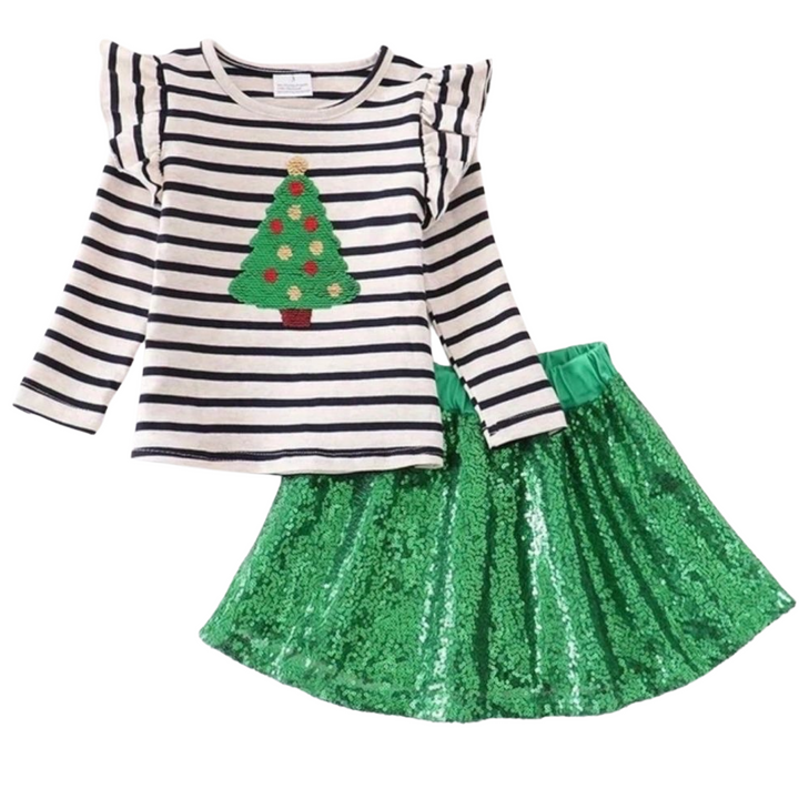 Christmas Tree Green Sequin Skirt Set: 3,5