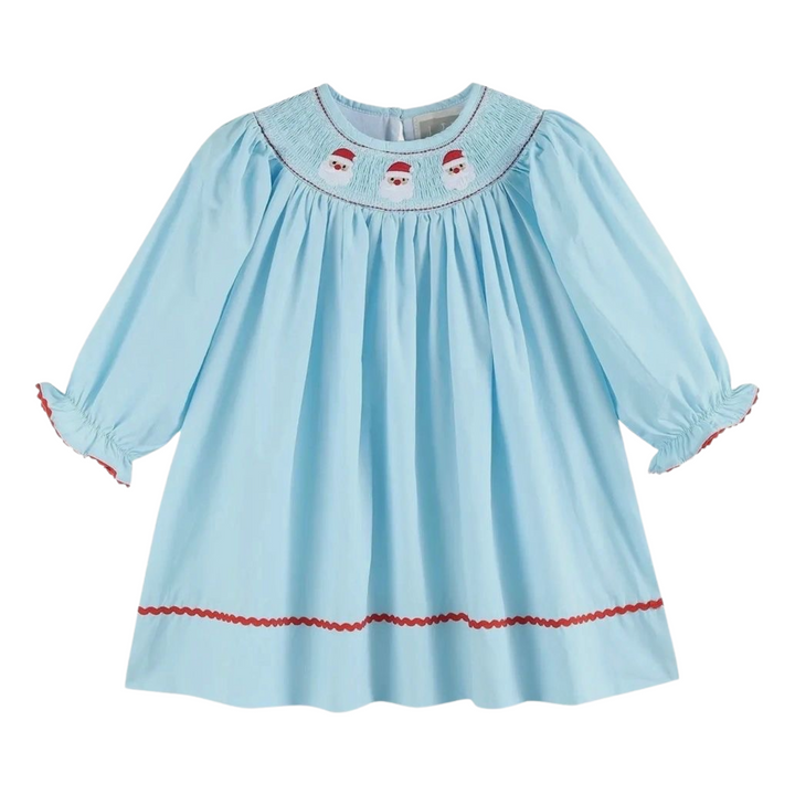 Blue Santa Smocked Bishop Dress: 3T