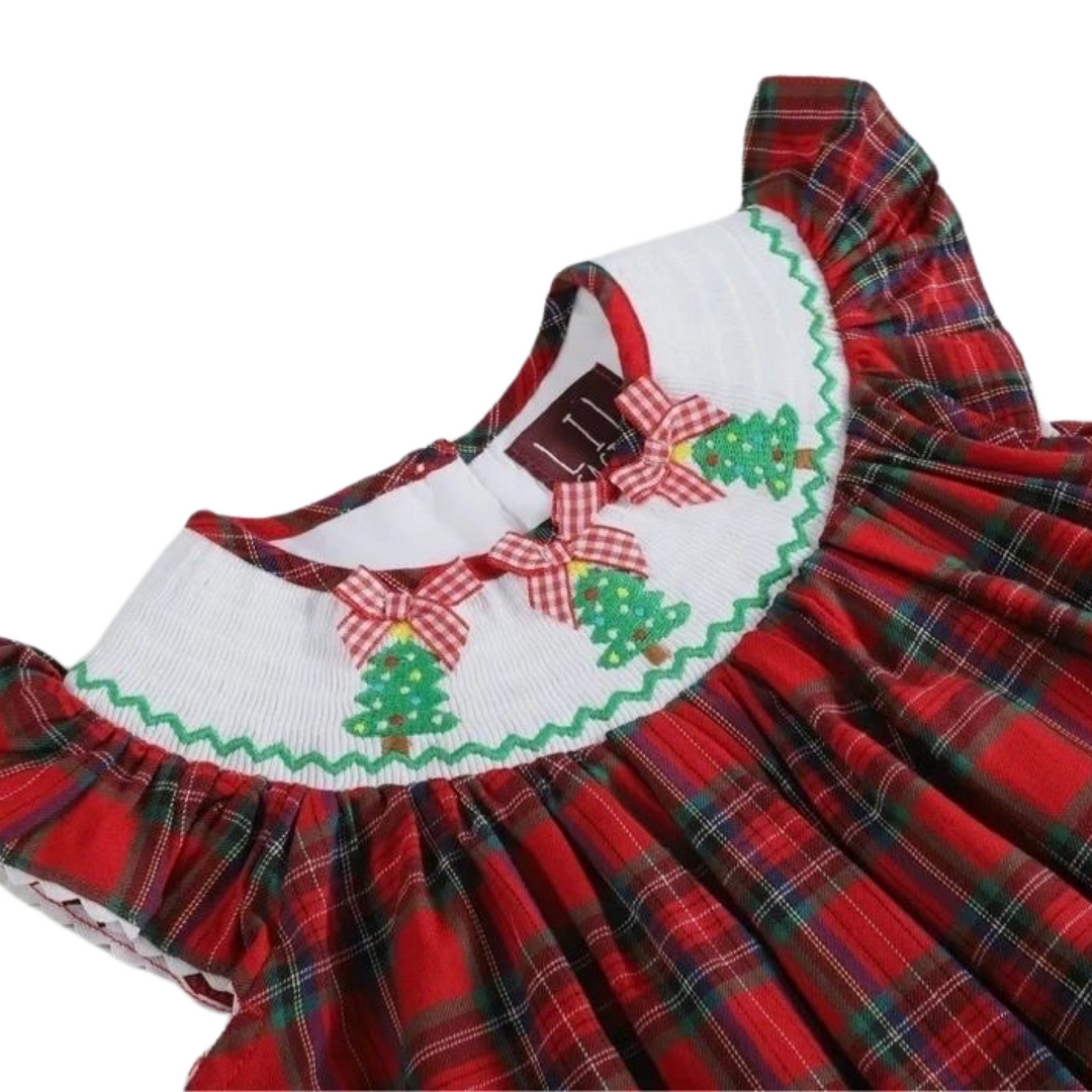 Red and Green Plaid Christmas Tree Smocked Bishop Dress: 12-18M, 18-24M