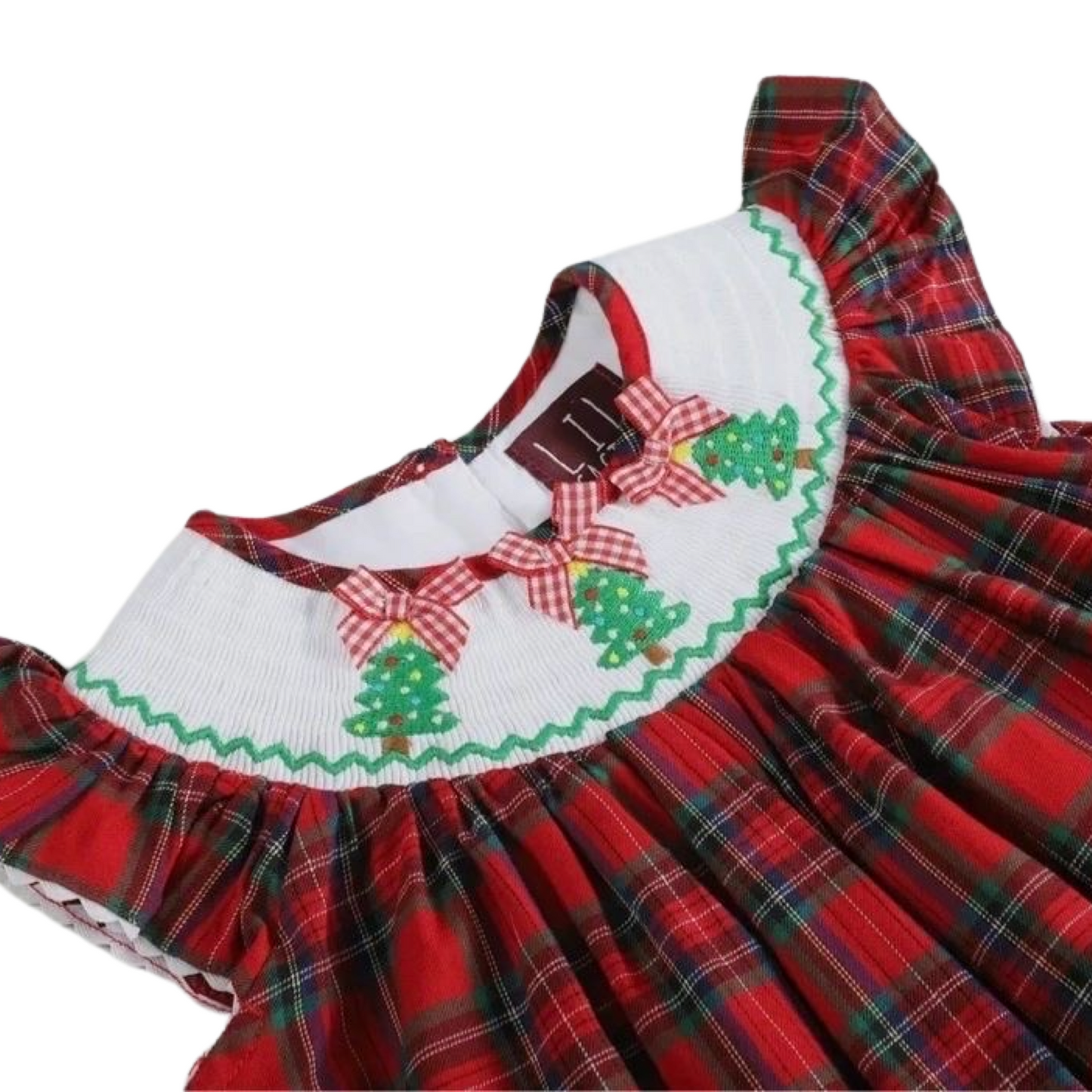 Red and Green Plaid Christmas Tree Smocked Bishop Dress