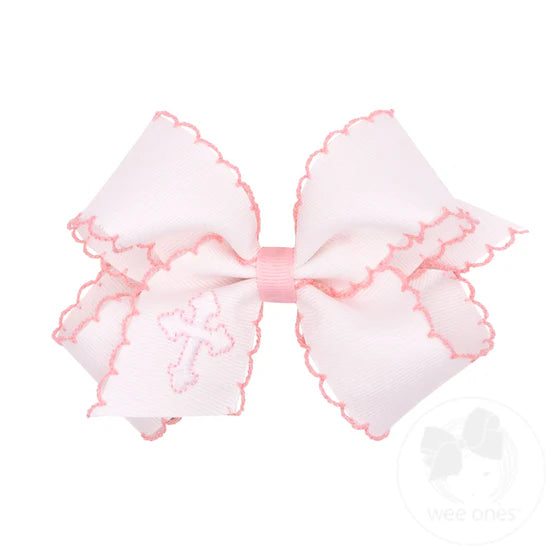 Medium White Grosgrain Hair Bow with Light Pink Moonstitch Edge and Pink Cross Embroidery on Tail