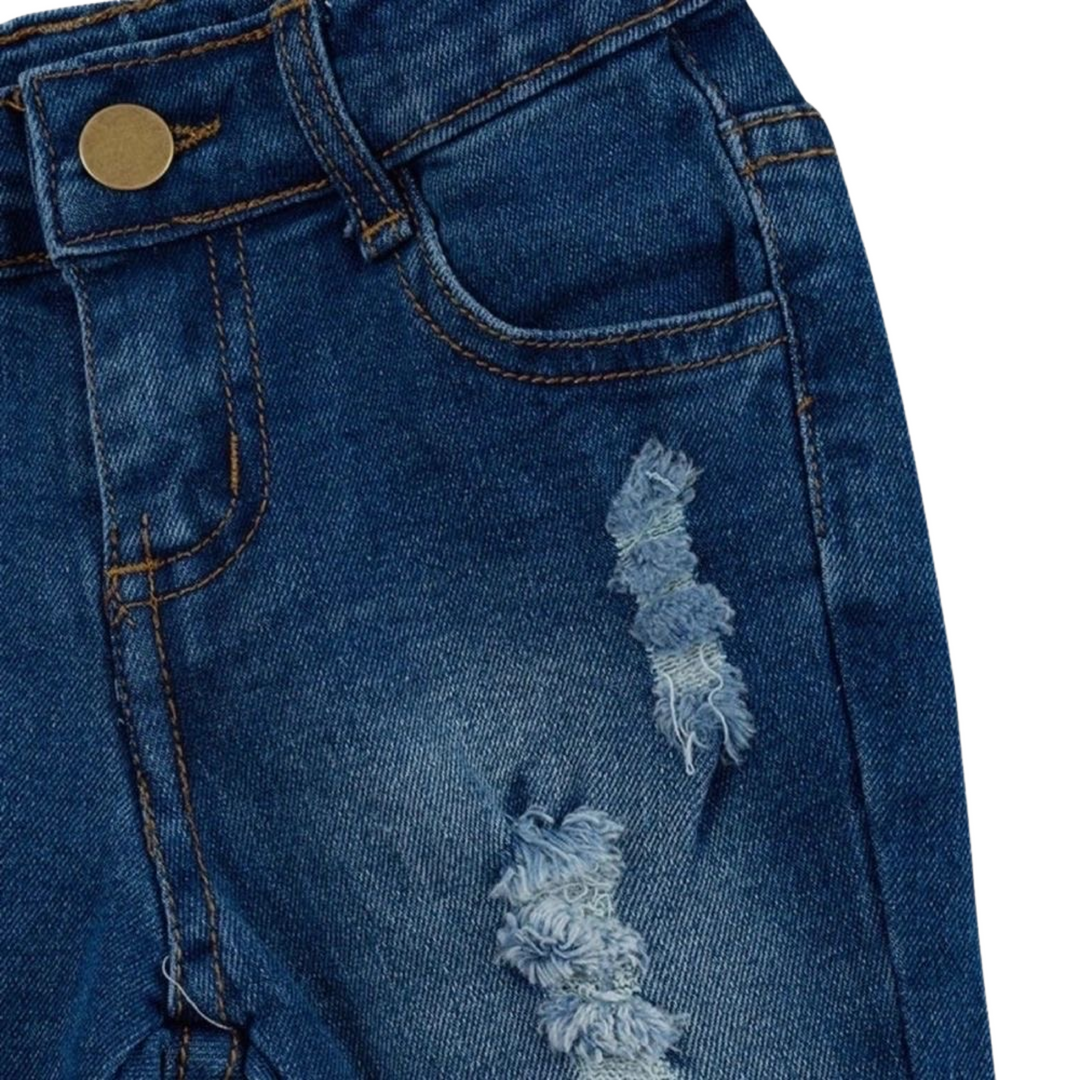 Dark Blue Distressed Flare Jeans: 6