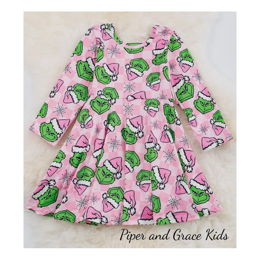 Girls Pink Grinch Twirl Dress: 12