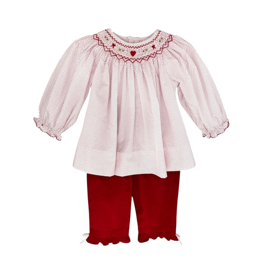 Petit Ami Red Dot with Smocked Hearts Valentine Corduroy Pants Set: 12M,18M,2T,3T