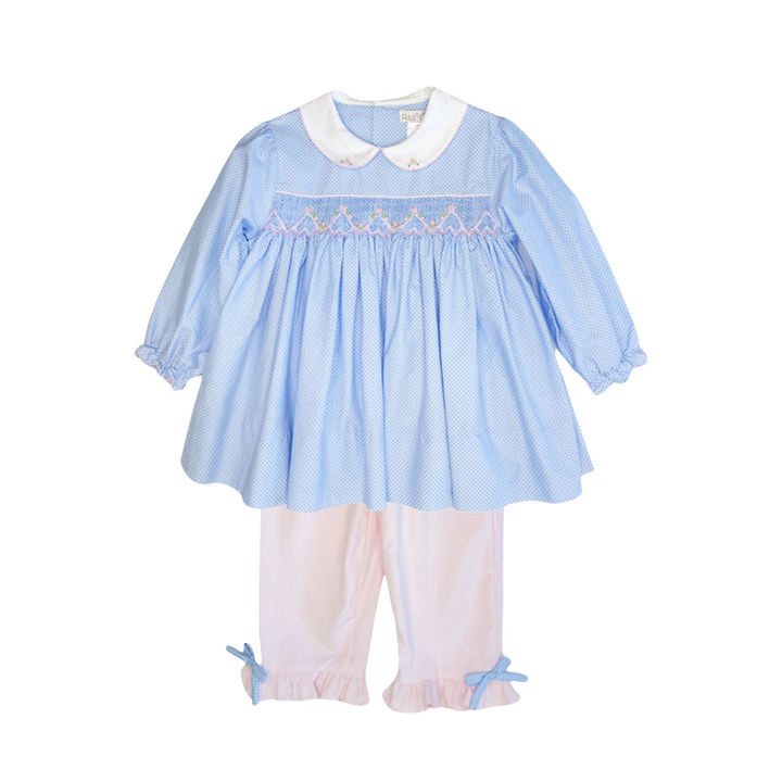 Petit Ami Blue and Pink Smocked Corduroy Pant Set