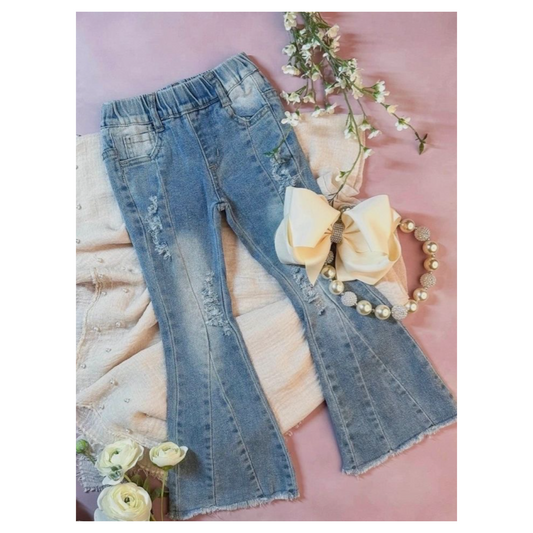 Faded Distressed Denim Jeans Flare Bell Bottoms: 8