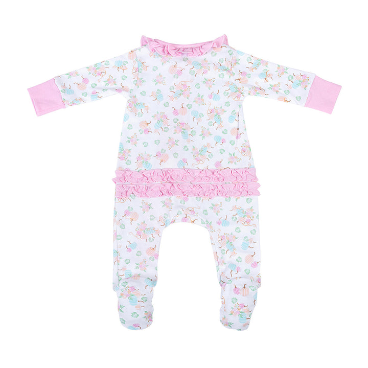 Pumpkin Blush Melon Printed Ruffle Zipper Footie: 12M