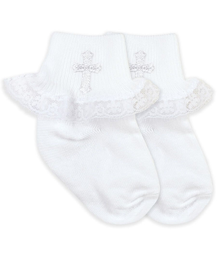 Girl's Christening Socks - White with lace and Cross Embroidery