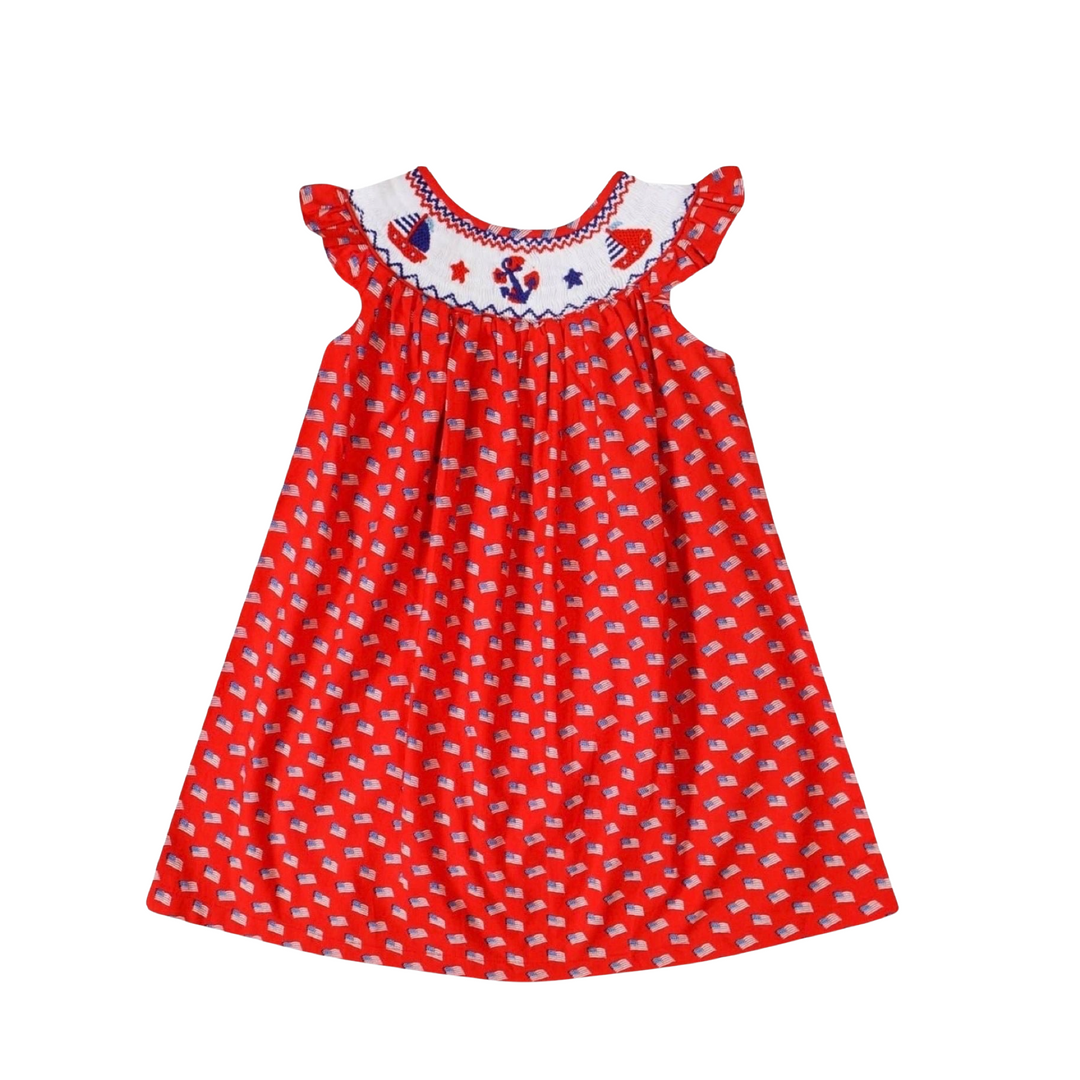 Angeline Kids Girls July 4th Flag Hand Smocked Dress 5 7