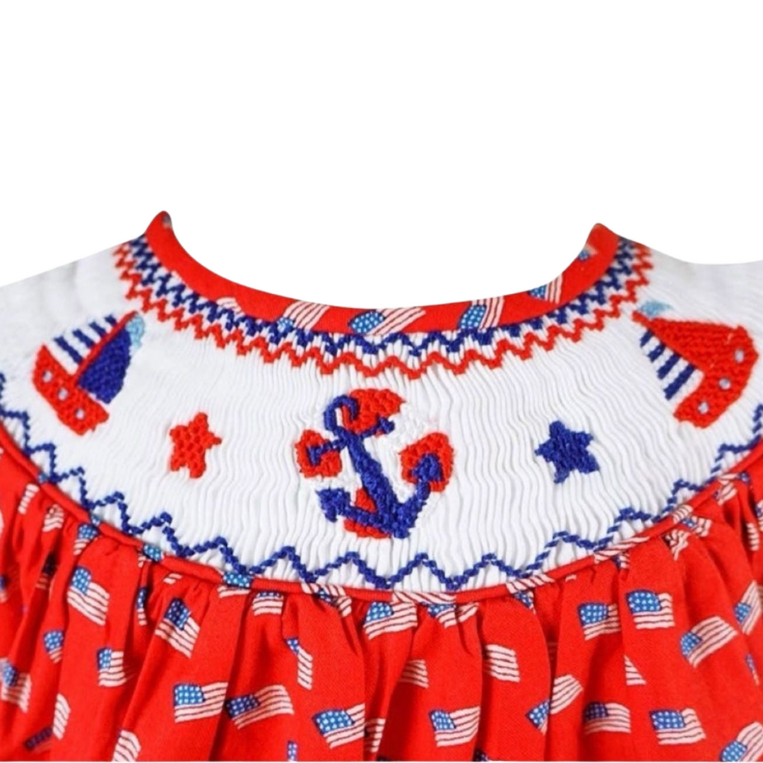 Angeline Kids - Girls July 4th Flag Hand Smocked Dress: 5,7