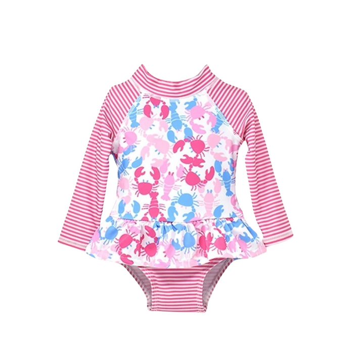 Flap Happy Girls Pink Lobsters Infant Ruffle Rash Guard Swimsuit: 6M, 12M