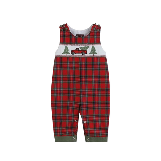 Red and Green Plaid Truck & Tree Smocked Overalls