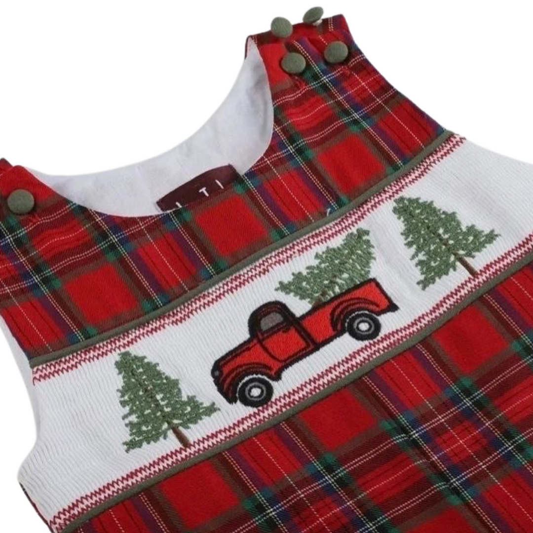 Red and Green Plaid Truck & Tree Smocked Overalls