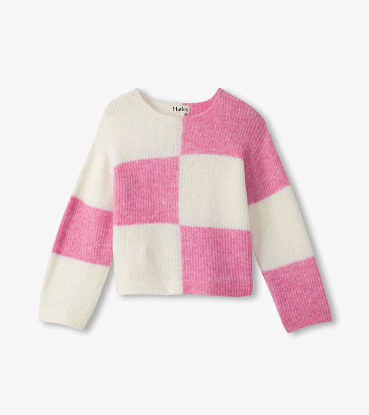 Girls Sea Pink Check Drop Shoulder Sweater