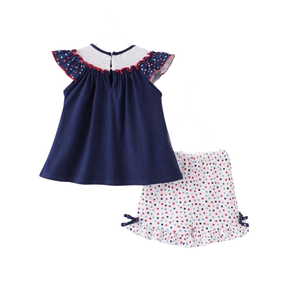 Patriotic Navy Flag Smocked Polka Dots Short Set: 4