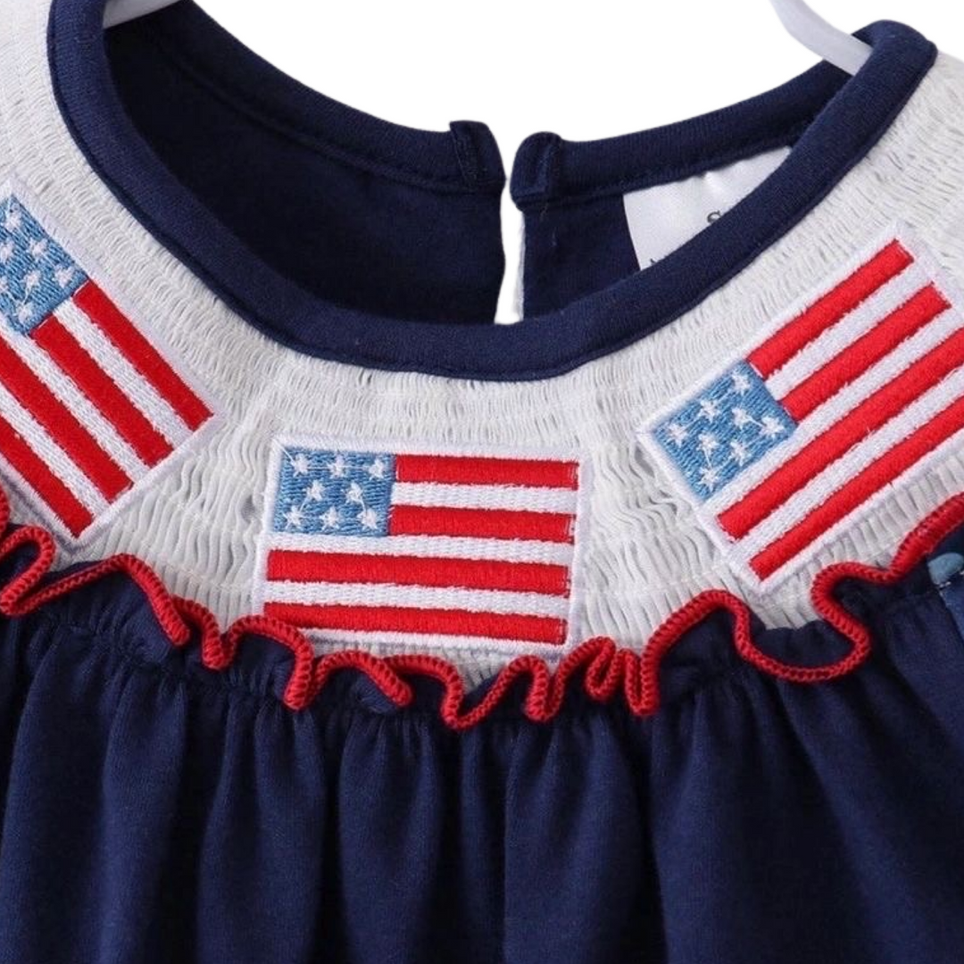 Patriotic Navy Flag Smocked Polka Dots Short Set: 4