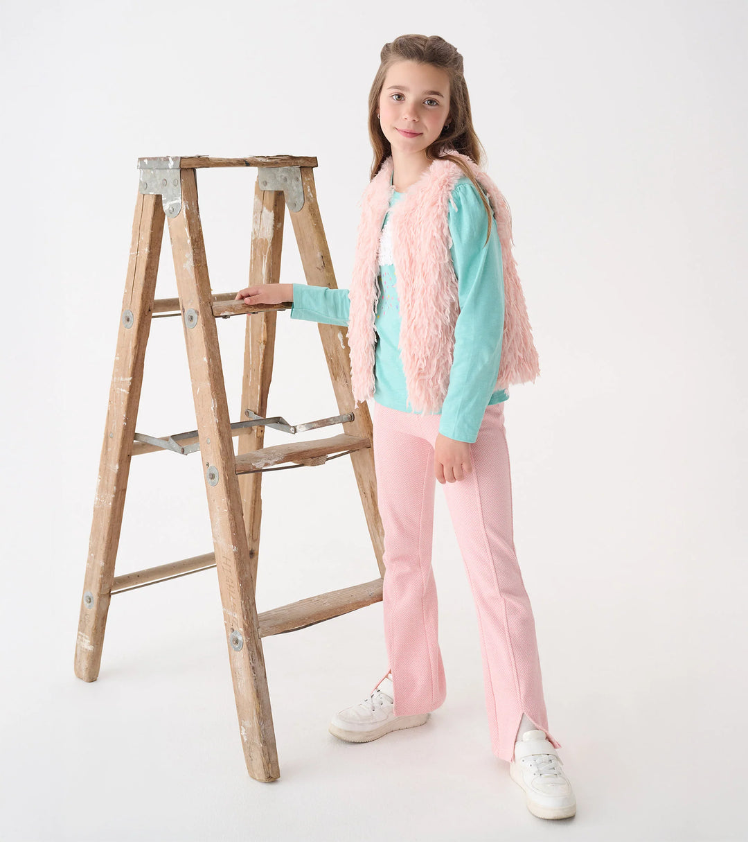 Girls Pale Pink Feather Faux Fur Vest