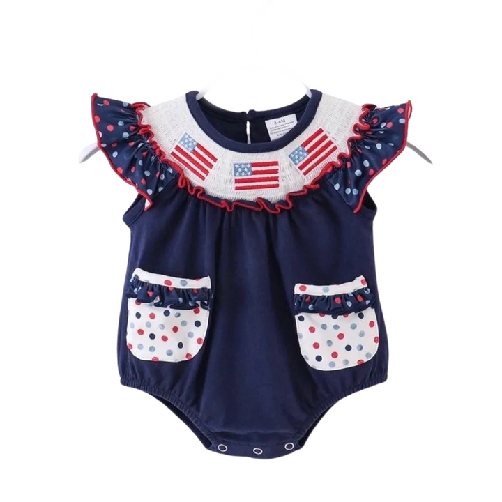 Patriotic Navy Flag Smocked Polka Dots Infant Romper: 12-18M